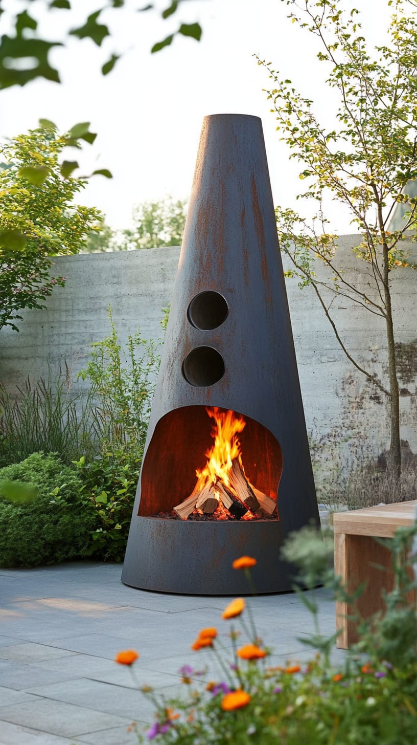 A tall, cone-shaped steel outdoor fireplace with a fire burning inside, set in a modern garden surrounded by green plants and flowers.