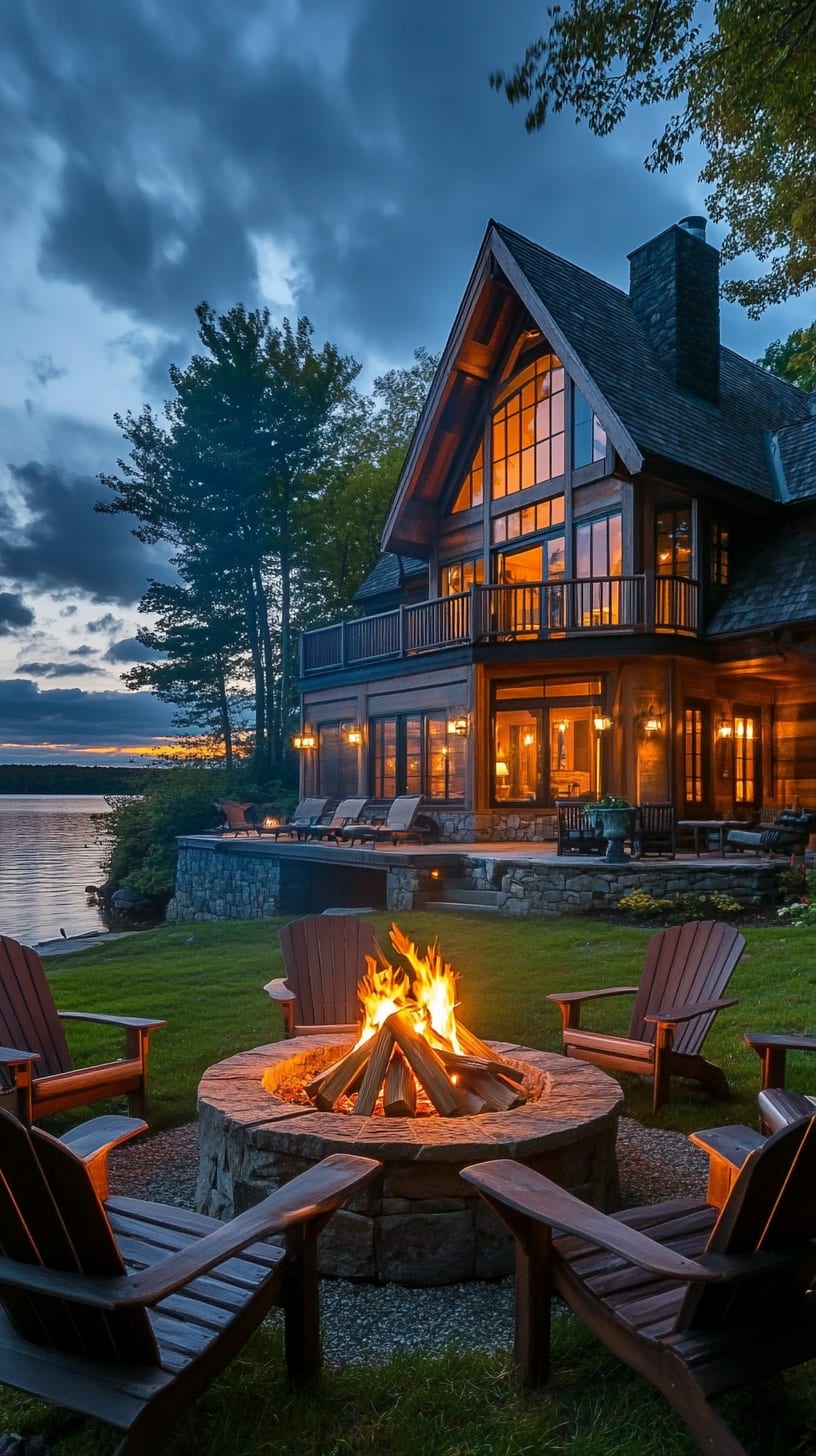 A large lakehouse at night with a fire pit and chairs in front, large windows, and a wooden exterior, surrounded by a peaceful lakeside setting.