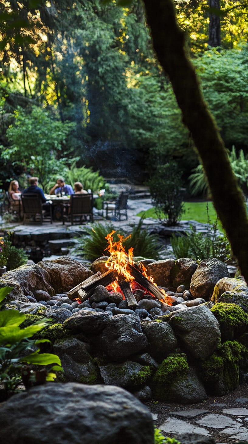 A cozy outdoor scene featuring a rustic fire pit surrounded by moss-covered rocks and greenery, with people enjoying each other