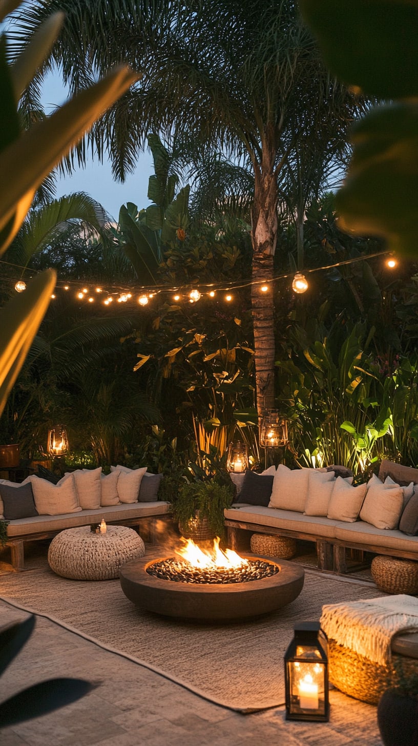 A tropical outdoor living area featuring a fire pit, comfortable seating, string lights, and surrounding plants, creating a cozy nighttime ambiance.