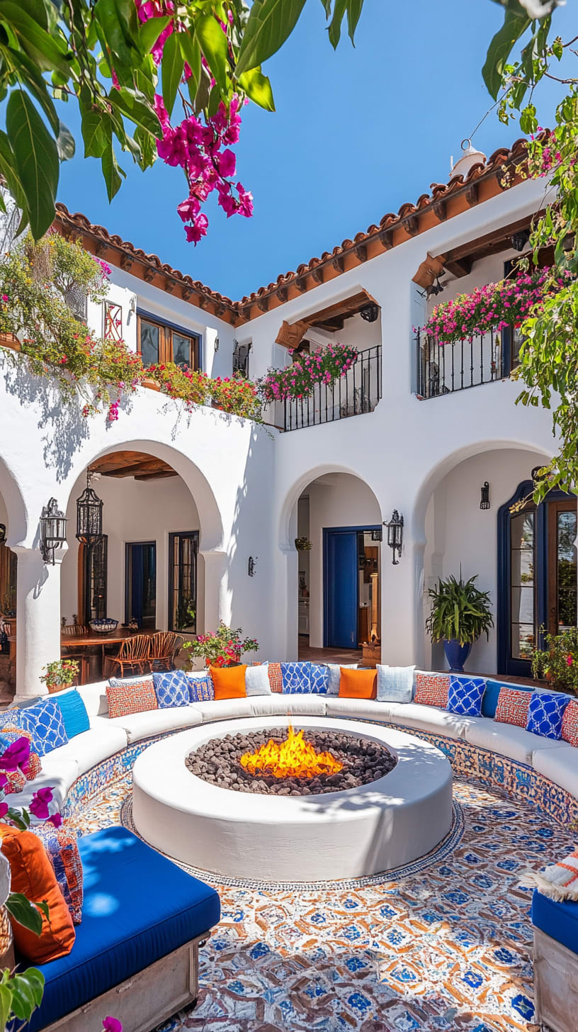 A vibrant Spanish-style courtyard featuring a circular fire pit surrounded by colorful tiles, arched doorways, and lush flowers, creating an inviting outdoor space.