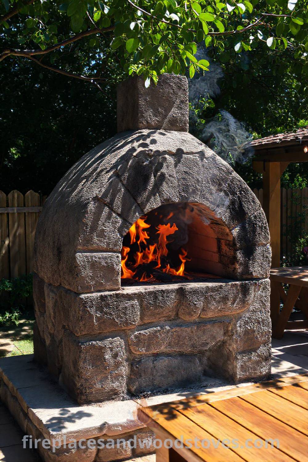 Stone BBQ oven on a sun-drenched patio with flames, wooden table, and friends enjoying grilling; perfect for outdoor cozy gatherings and backyard design inspiration. Visit patioandhomefurniture.com for ideas that will wow your guests.