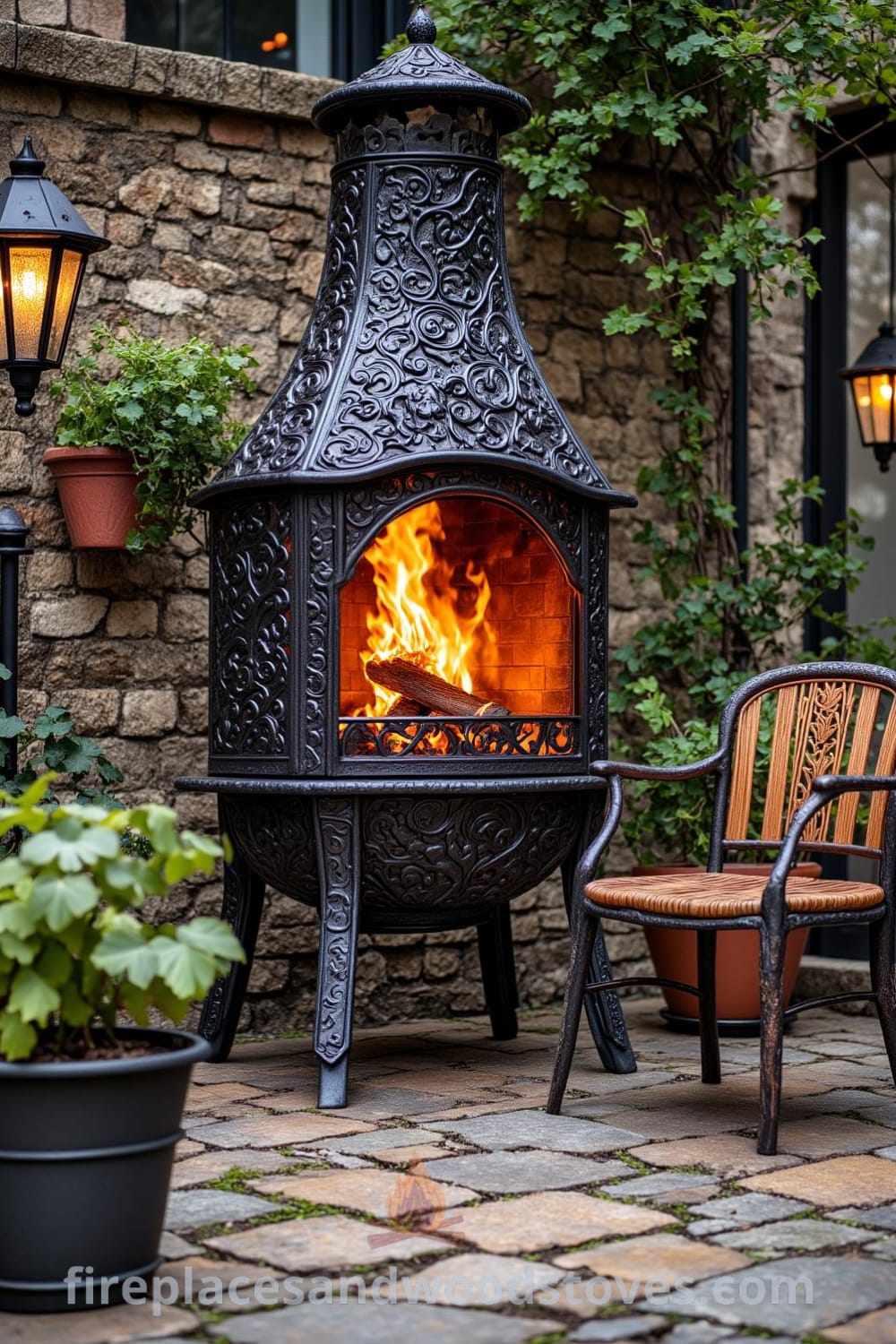 Victorian wrought iron outdoor barbecue on a cobblestone patio, featuring intricate designs and a lively fire, surrounded by comfortable mismatched chairs and potted plants, creating a cozy atmosphere for gatherings. Learn more at fireplacesandwoodstoves.com.
