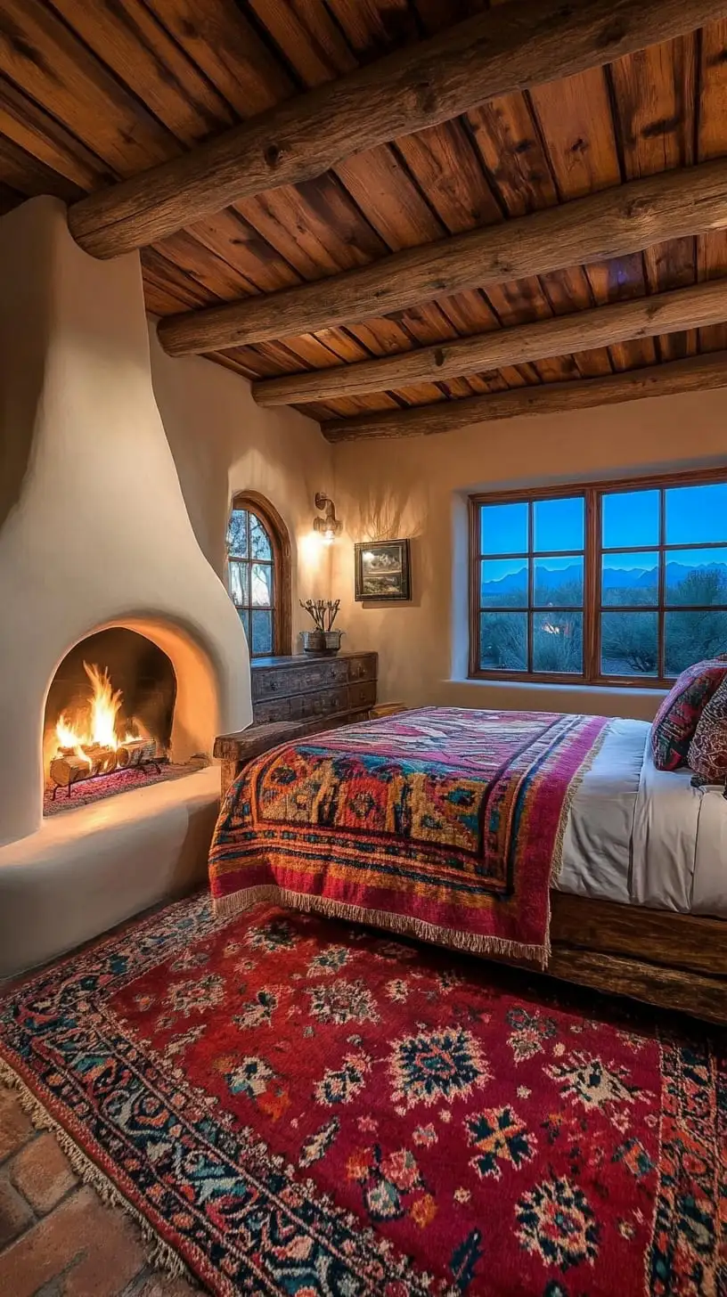 A cozy bedroom featuring an adobe fireplace, large bed with colorful blankets, and a picturesque mountain view through the window.