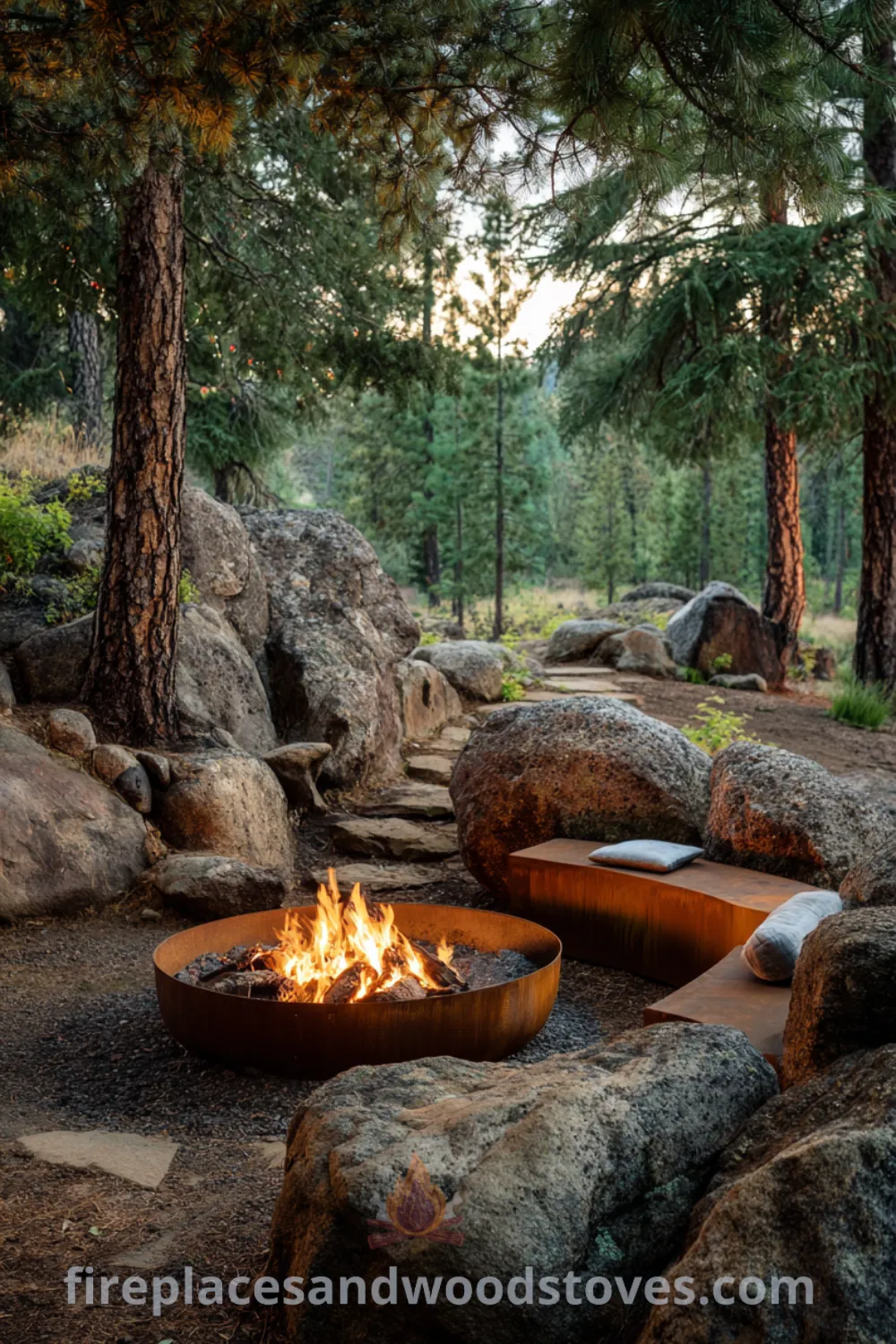Secluded forest clearing featuring a rustic fire pit, large boulder seating, warm fire glow, and serene outdoor space decor.