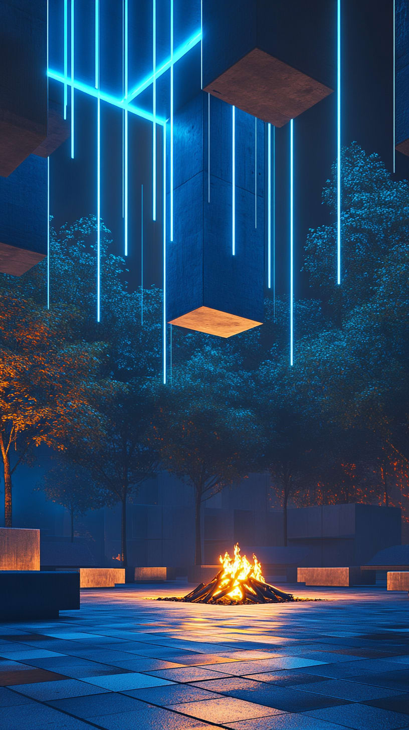 A futuristic urban square featuring trees, blue neon lights, and a bonfire, surrounded by modern architectural elements.