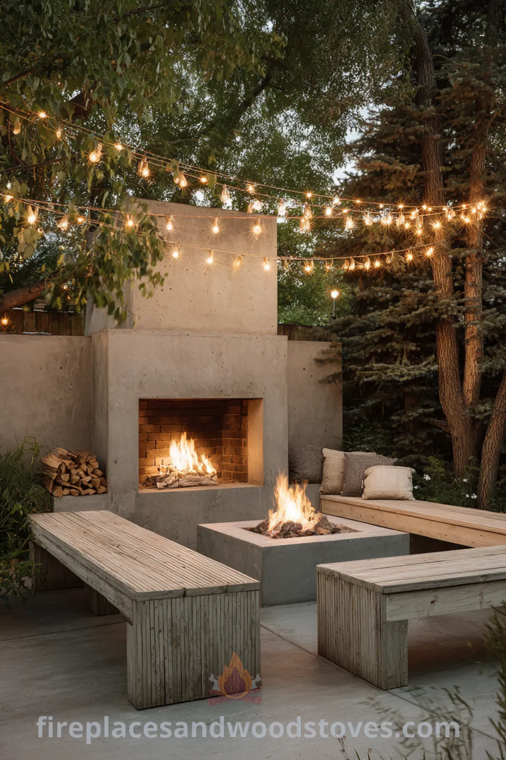 Outdoor space featuring a light gray concrete fireplace, integrated wood seating, and hygge outdoor fire feature surrounded by string lights.
