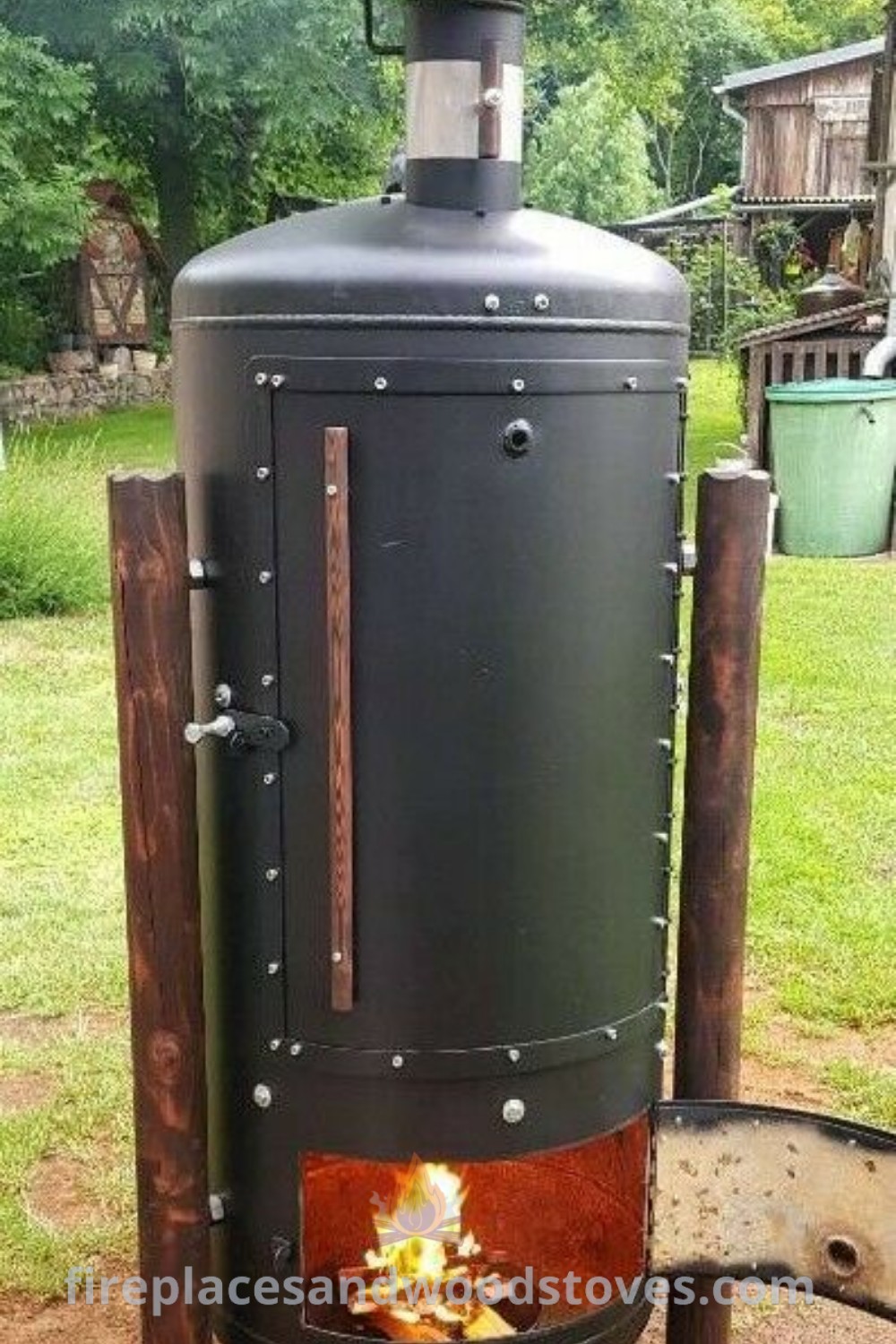 An outdoor wood burning stove showcased in the middle of a yard, ideal for backyard BBQs and featuring creative designs that transform your space. Find stylish and functional outdoor ideas at patioandhomefurniture.com.