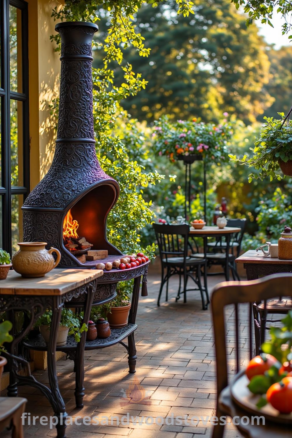 Victorian wrought iron outdoor barbecue on a sun-dappled patio, surrounded by ceramic plants and wooden tables filled with fresh vegetables and spices, creating a cozy gathering atmosphere. Visit fireplacesandwoodstoves.com for unique ideas and decor inspirations.