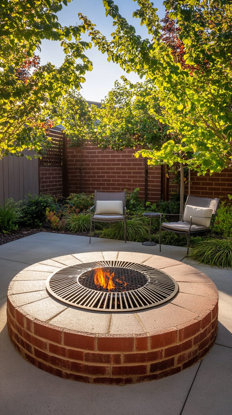 A circular fire pit with a red brick base and steel grill, surrounded by comfortable outdoor seating in a lush, green backyard setting.