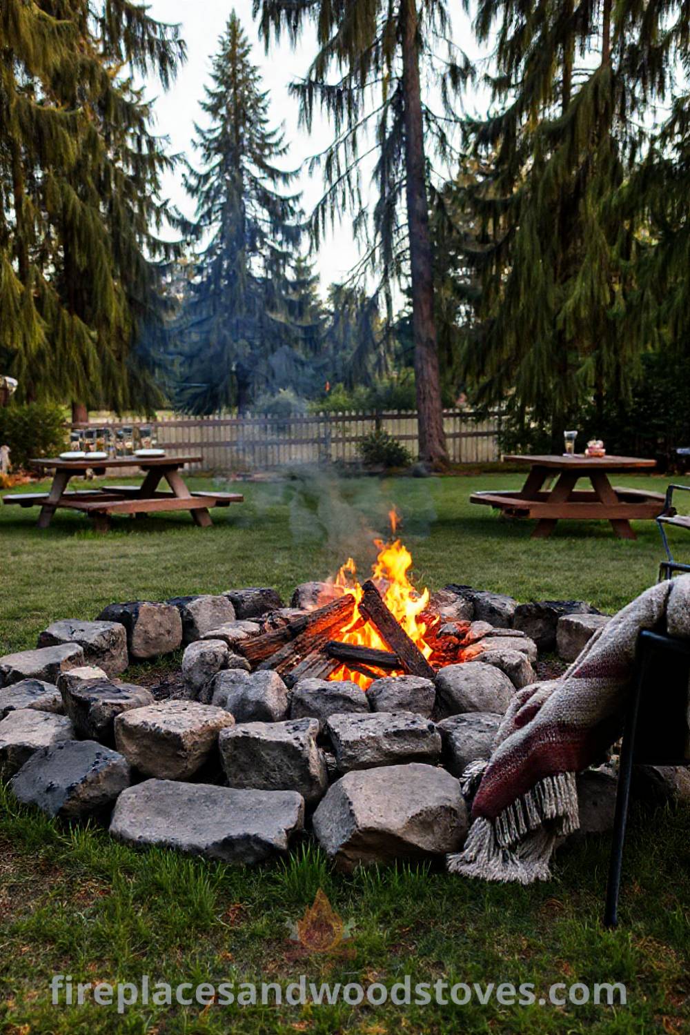 Rugged charcoal camping fire pit in a grassy backyard surrounded by trees, with picnic tables set for gatherings, creating a cozy and inviting atmosphere for friends and family. Visit patioandhomefurniture.com for incredible ideas that will wow your guests.