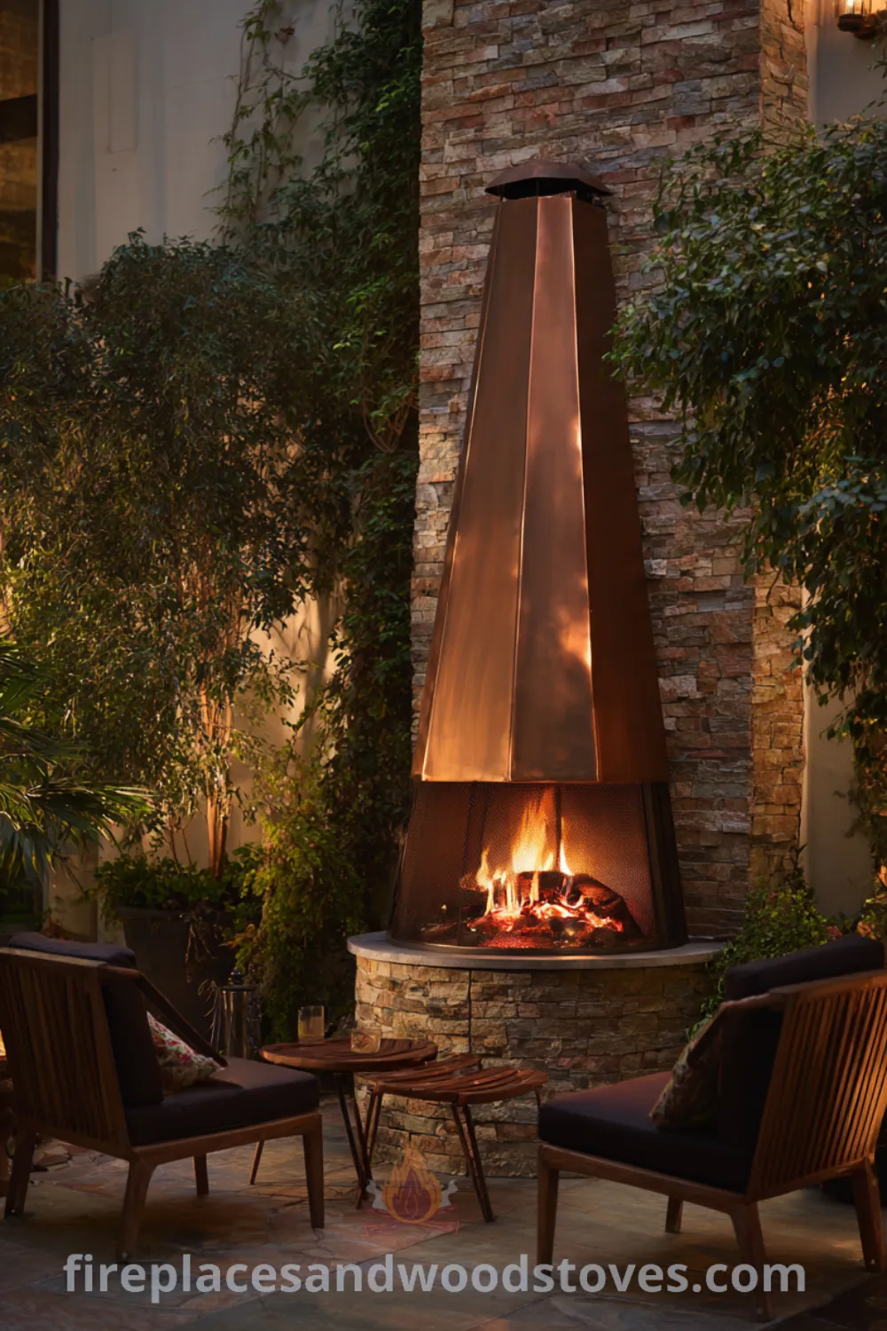 Outdoor mid century modern corner fireplace with lush planting, stacked stone, and low-slung seating, creating an effortlessly cool vibe.