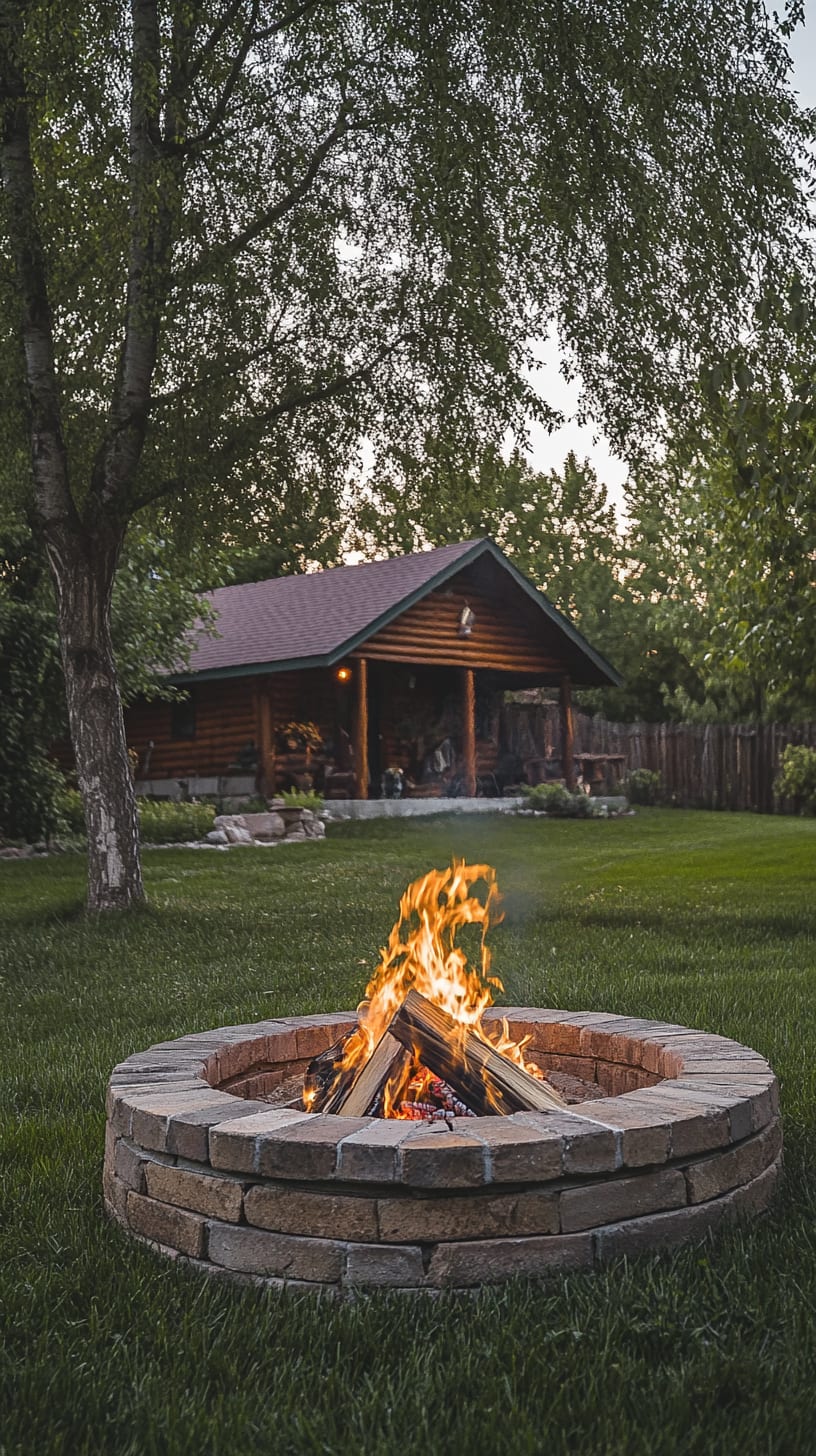 A round fire pit surrounded by green trees and a log cabin, creating a warm atmosphere for outdoor gatherings.