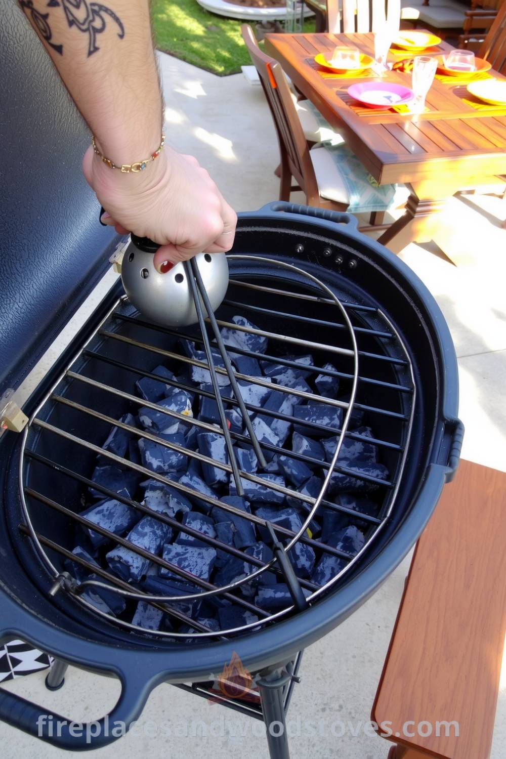 Barbecue grill on a concrete patio with glowing charcoal, colorful tableware set for a gathering, and warm afternoon sunlight creating an inviting and cozy atmosphere, perfect for summer gatherings, featuring ideas for your home and unique designs at fireplacesandwoodstoves.com.
