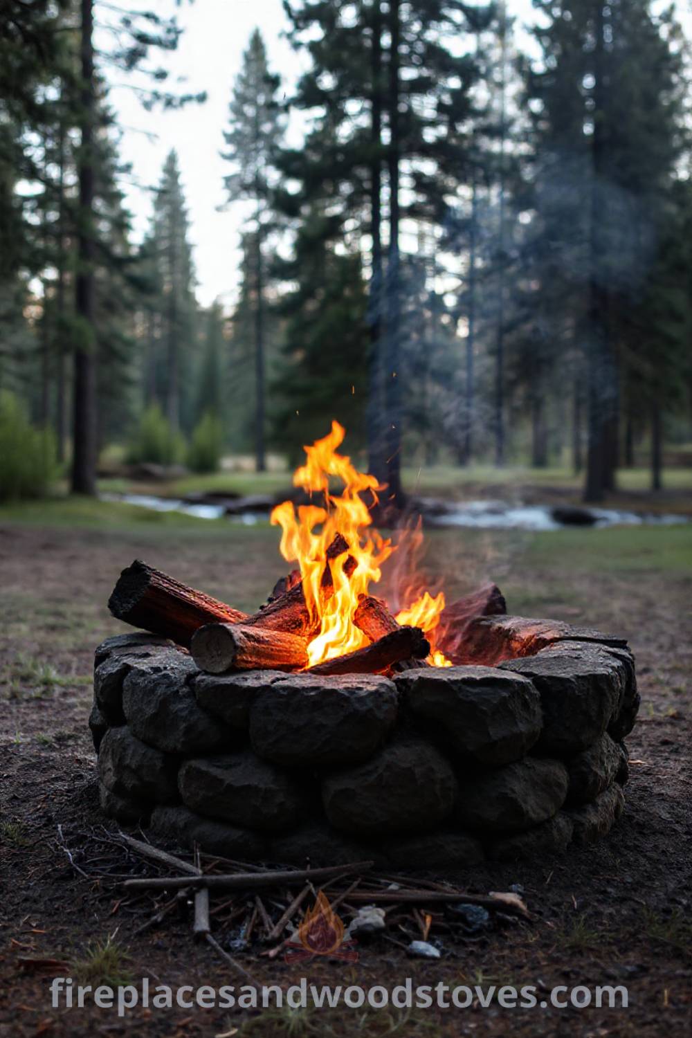 Stone camping fire pit surrounded by tall pines, with crackling flames illuminating rough-hewn logs, creating a cozy atmosphere for gatherings under the stars. Visit patioandhomefurniture.com for incredible ideas transforming your backyard into a stylish retreat.
