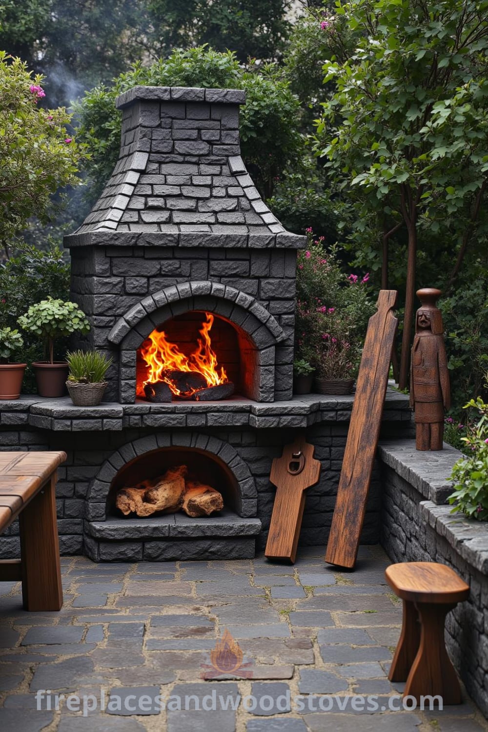 Gothic stone outdoor barbecue in a charming garden with warm fire crackling, flickering shadows on plants, wooden furniture, and intricately carved beam, providing cozy ideas for outdoor gatherings and enhancing the decor inspirations at fireplacesandwoodstoves.com.