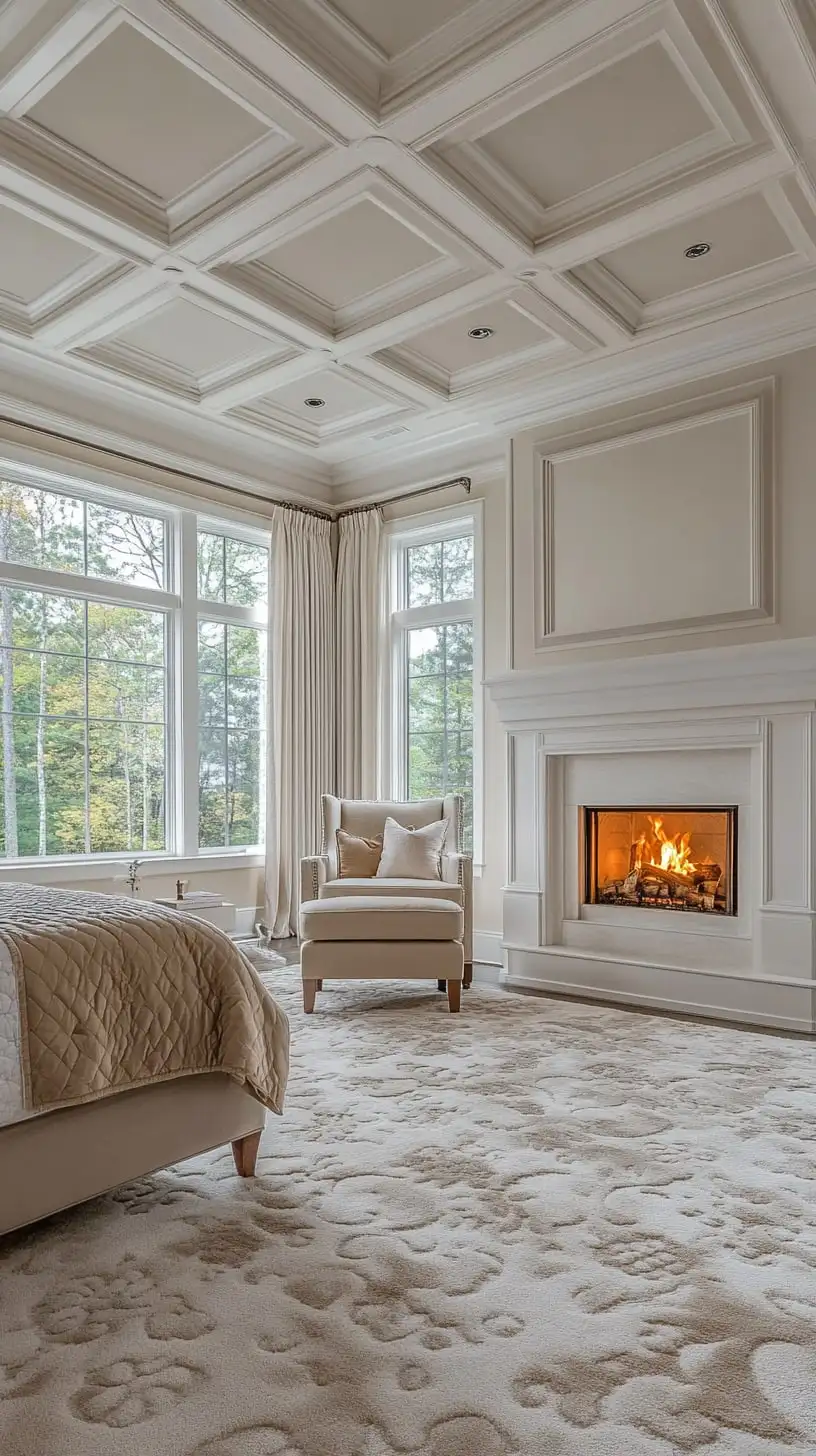 A spacious master bedroom featuring a fireplace, coffered ceiling, and large windows with a natural view, decorated with a plush rug and a cozy chair.