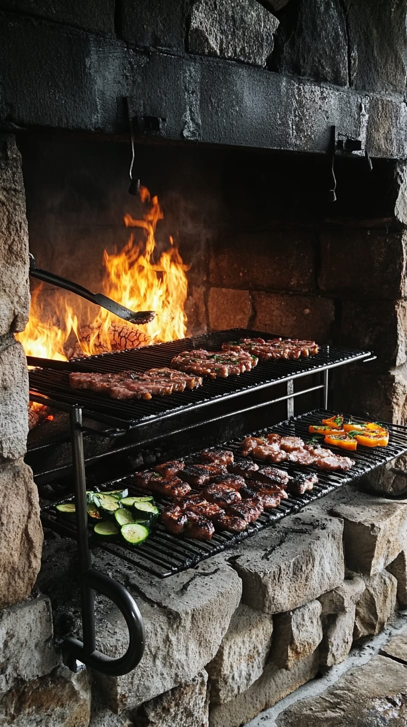 A rustic stone fireplace with a grill filled with sizzling steaks, sausages, and vegetables, surrounded by flames, creating a warm and inviting atmosphere.