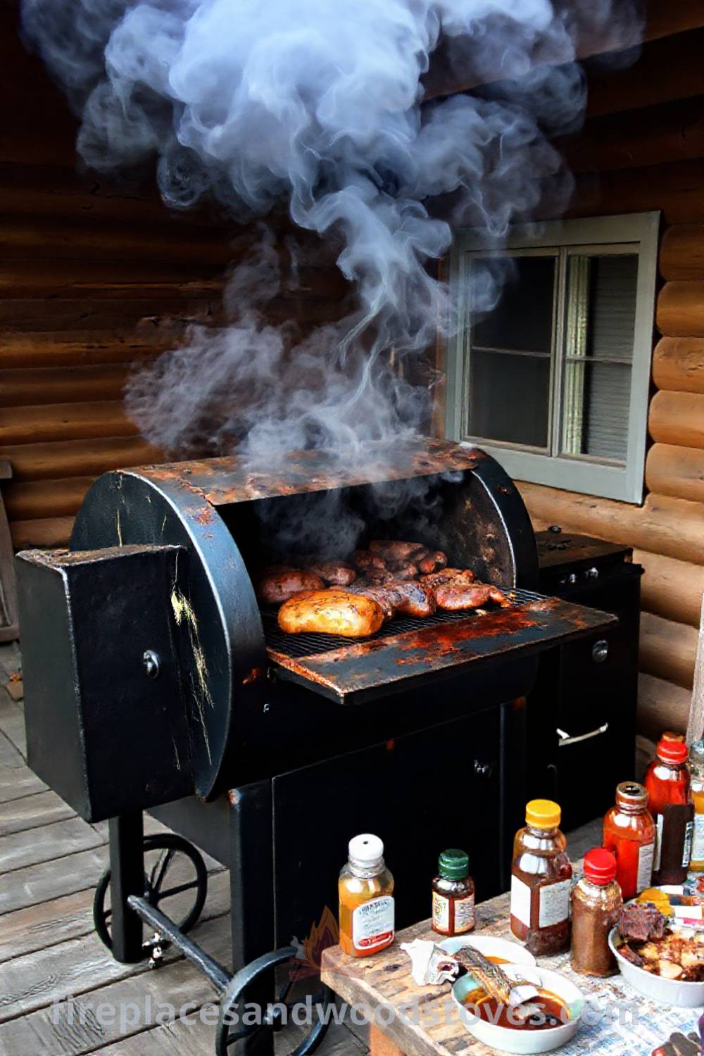 Heavy-duty smoker on a weathered wooden deck, curling smoke hinting at savory meats cooking inside, surrounded by spices and sauces, creating a cozy atmosphere for family gatherings, perfect for outdoor cooking inspirations. Visit fireplacesandwoodstoves.com for more cozy ideas.