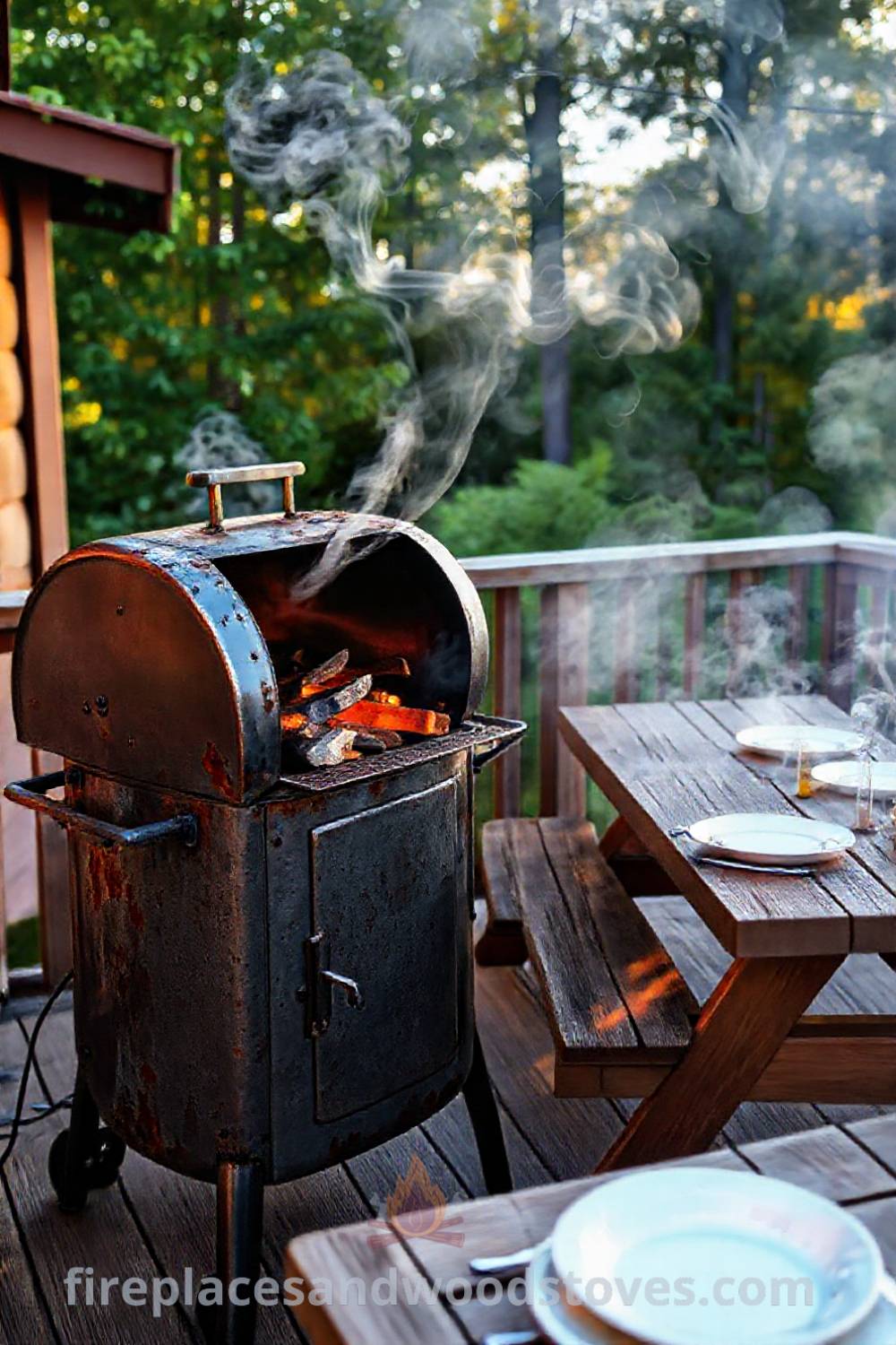 Barbecue smoker on a wooden deck, with warm afternoon light, emitting fragrant smoke and surrounded by a picnic table set for a feast, creating a cozy outdoor gathering space. Visit patioandhomefurniture.com for stylish outdoor design ideas that will wow your guests.