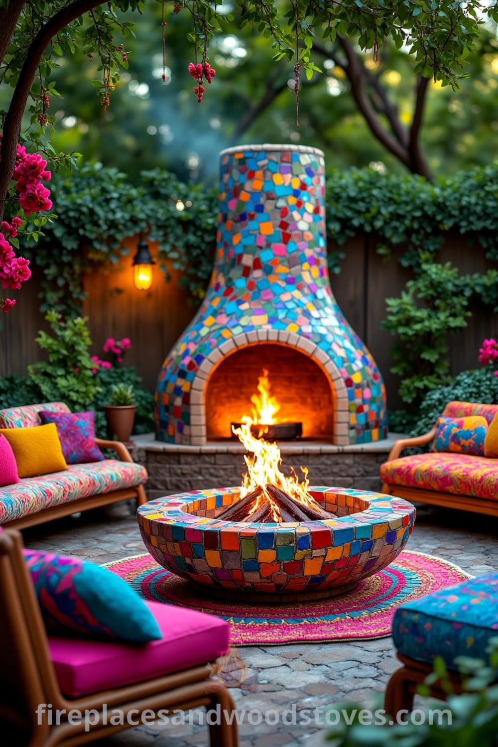 Bohemian mosaic firepit surrounded by colorful garden decor, featuring mismatched reclaimed wood seating and soft cushions, creating a cozy outdoor retreat. Perfect for sharing stories and enjoying warm evenings under the stars. Visit fireplacesandwoodstoves.com for unique ideas and inspirations for your home.