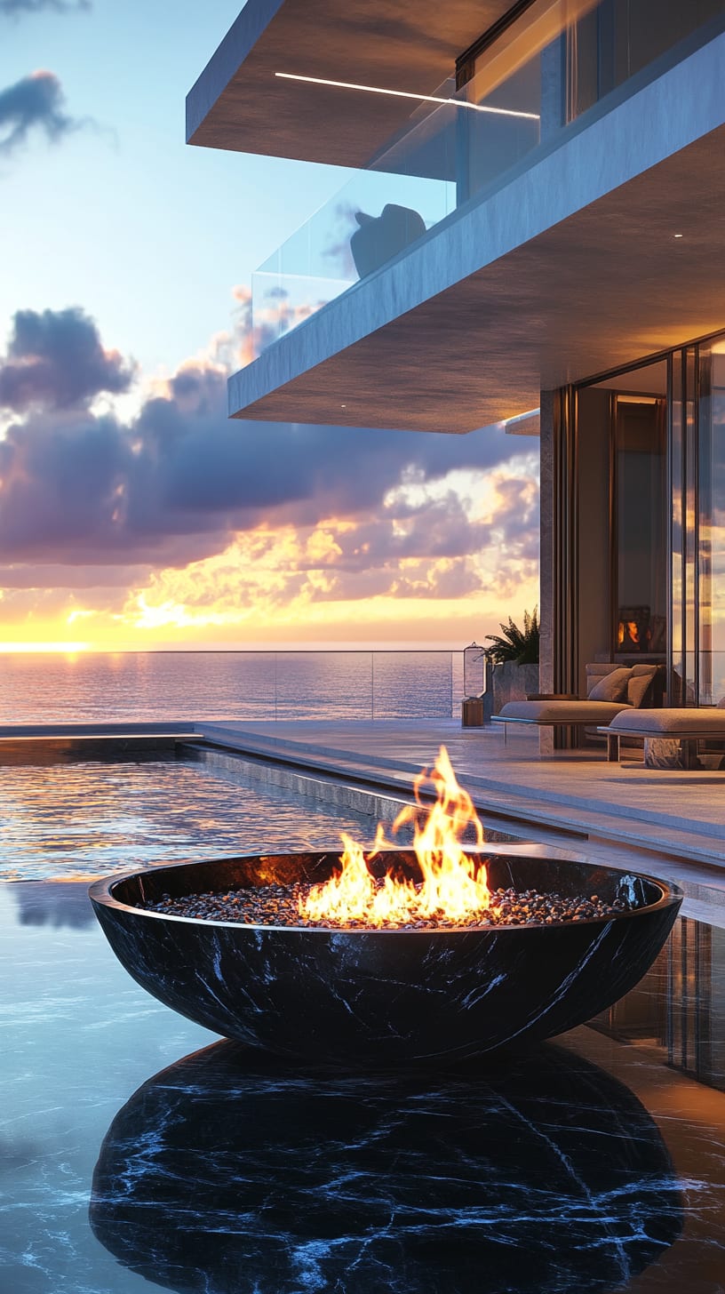 A black marble fire bowl placed on a luxurious balcony overlooking the ocean at sunset, creating a warm and inviting atmosphere.