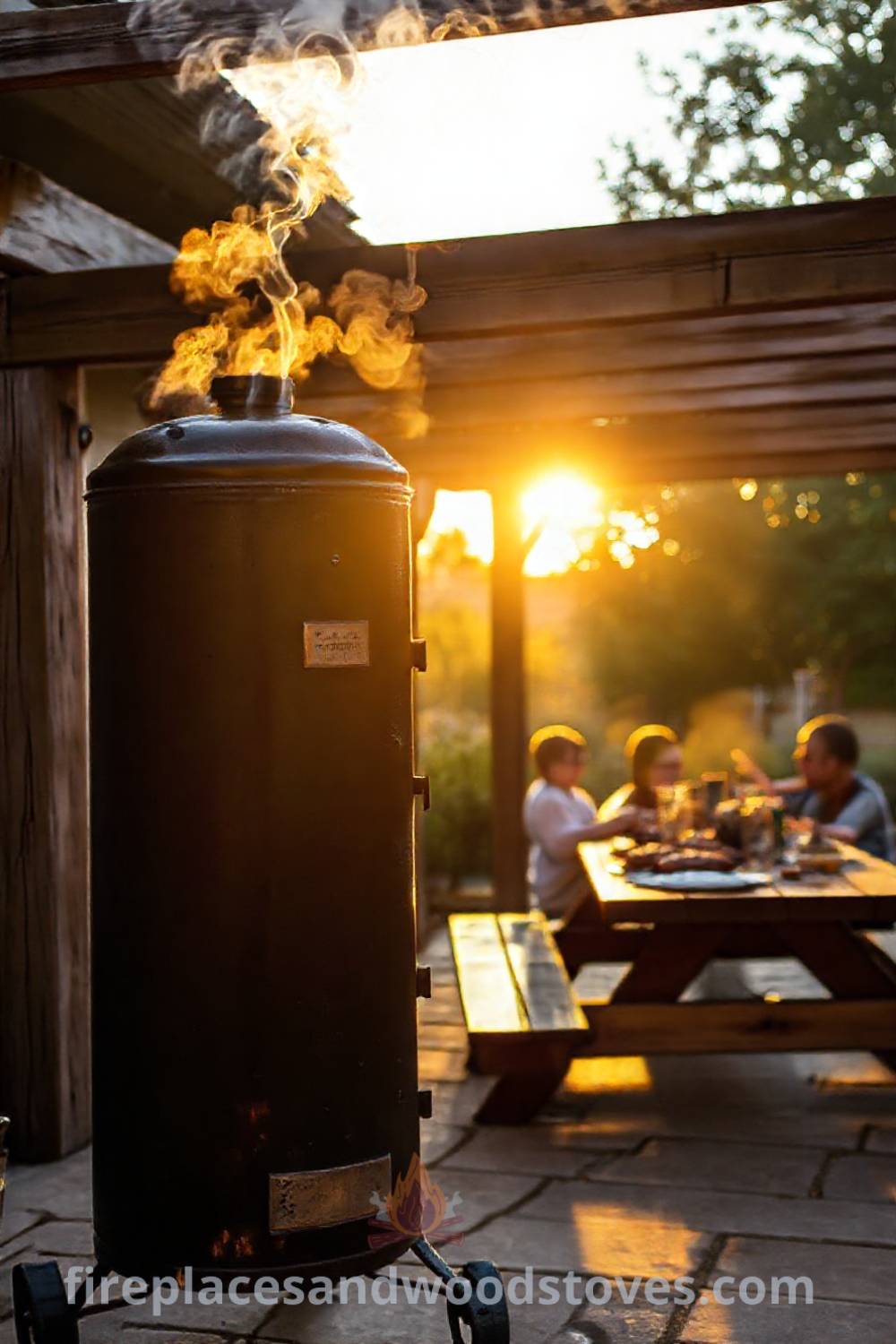 Tall vertical smoker barbecue on a sun-drenched patio with weathered wooden beams, creating a cozy atmosphere for outdoor gatherings and culinary delights, featuring incredible ideas that will wow your guests. Visit patioandhomefurniture.com for stylish outdoor design inspiration.