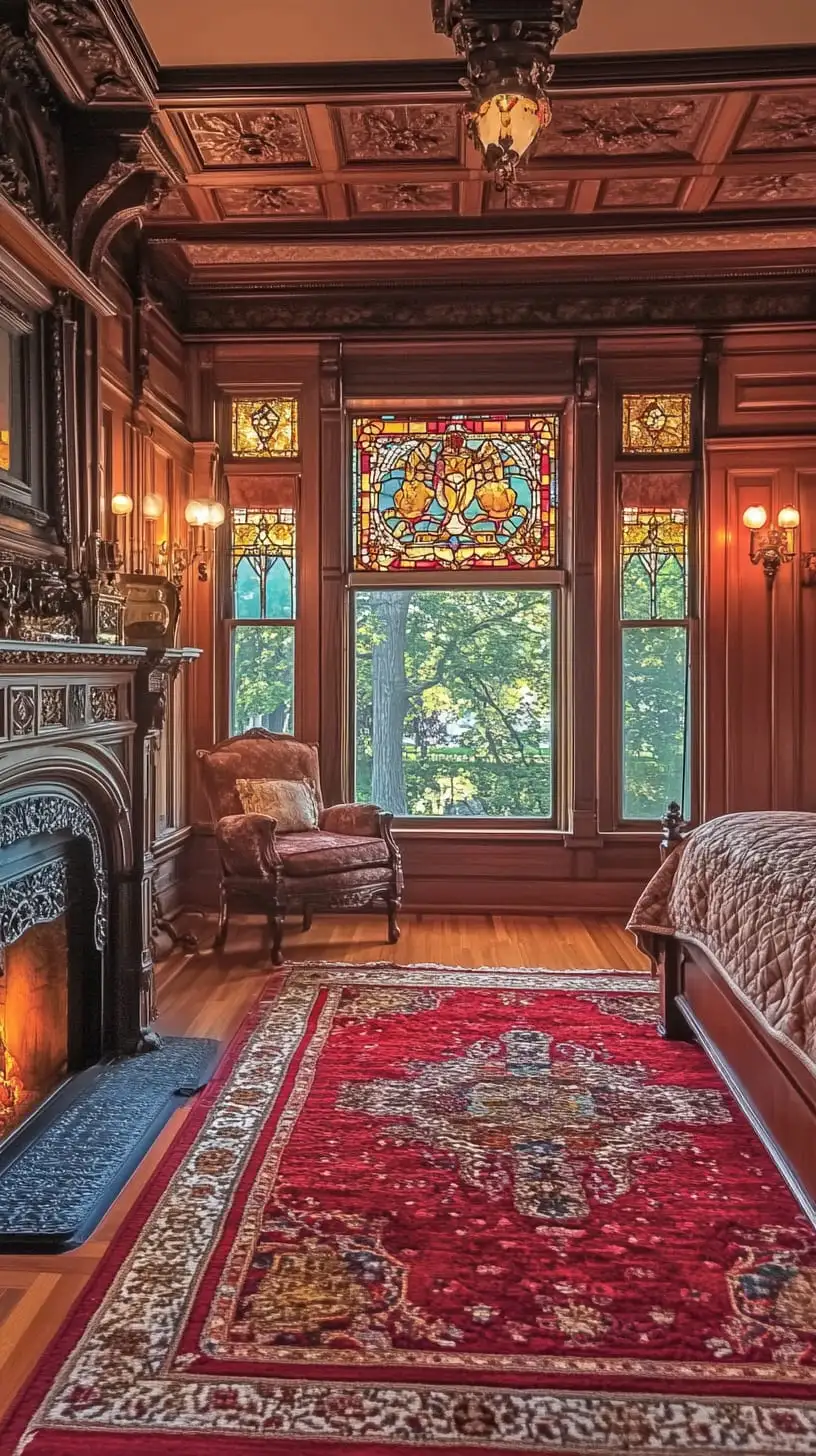 A Victorian-style bedroom featuring dark wood paneling, stained glass windows, a cozy fireplace, and floral accents in textiles creating a warm and inviting atmosphere.