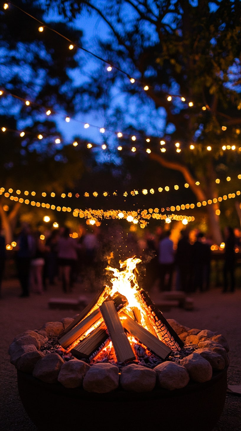 A cozy bonfire surrounded by twinkling fairy lights with guests gathered around in an outdoor wedding setting at night.