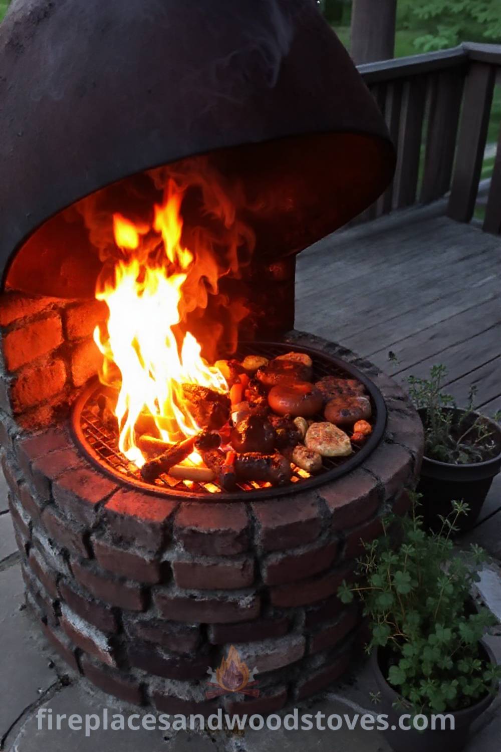 Wood-fired barbecue on a stone patio with grilled vegetables and meats, set against a rustic backdrop of an inviting outdoor space, perfect for summer gatherings. Visit patioandhomefurniture.com for stylish outdoor design inspiration.