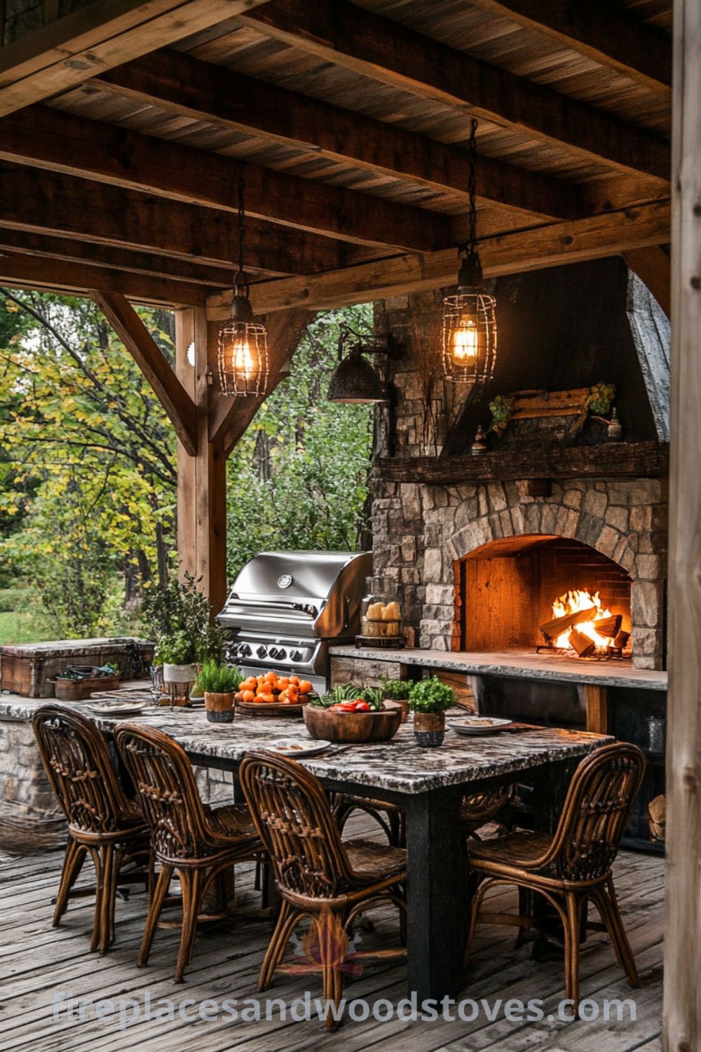 Outdoor kitchen featuring a covered patio and grilling area on fireplacesandwoodstoves.com, showcasing cozy ideas, rustic kitchen designs, and inviting outdoor dining inspirations for your backyard.
