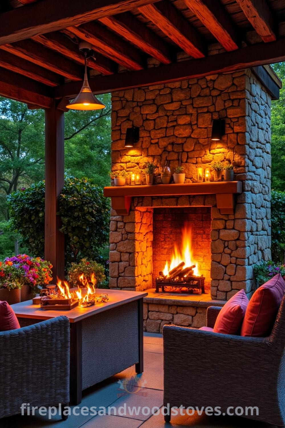 A cozy outdoor patio with a pergola-integrated fireplace surrounded by woven wicker furniture and potted plants, illuminated by warm flames, creating inviting decor atmosphere for social gatherings, featured on fireplacesandwoodstoves.com.