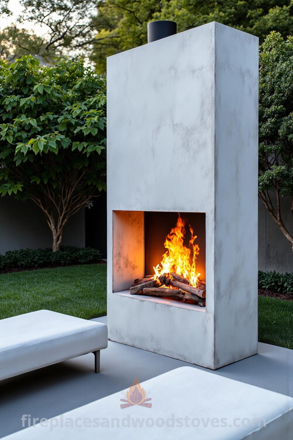 Minimalist concrete outdoor fireplace on a modern patio, surrounded by greenery and low-profile lounge chairs, showcasing flickering flames and adding a cozy atmosphere to gatherings. Visit fireplacesandwoodstoves.com for more cozy ideas and design inspirations.