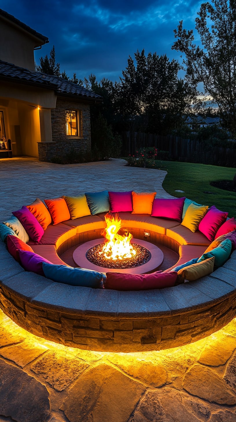A round fire pit surrounded by colorful cushions, illuminated by warm light at night in a cozy outdoor backyard setting.