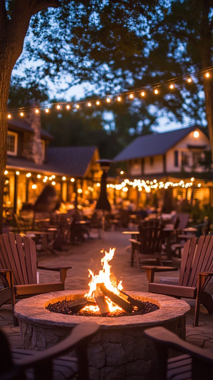 An outdoor fire pit surrounded by wooden chairs and string lights, set at dusk with a rustic restaurant in the background.