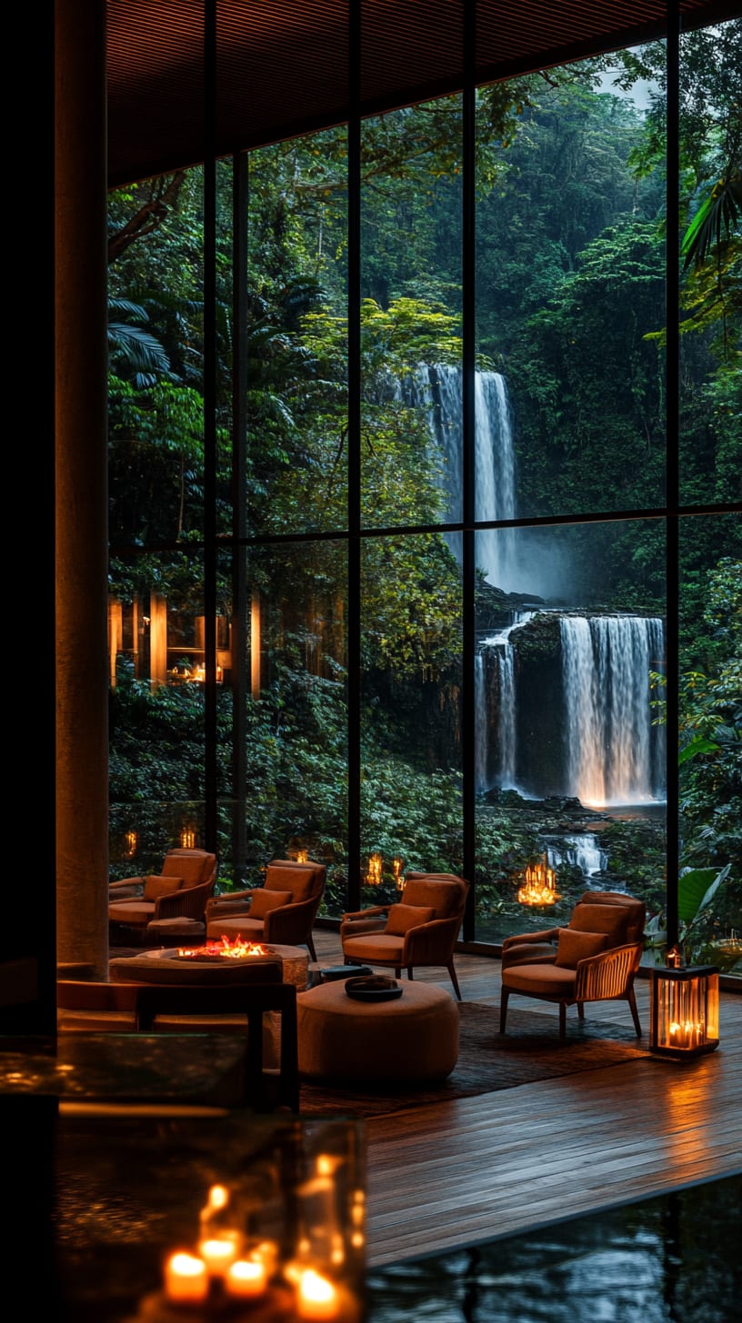 A luxurious hotel lounge featuring large windows overlooking a lush rainforest and waterfall, adorned with candles on tables and modern furniture in a warm, inviting atmosphere.