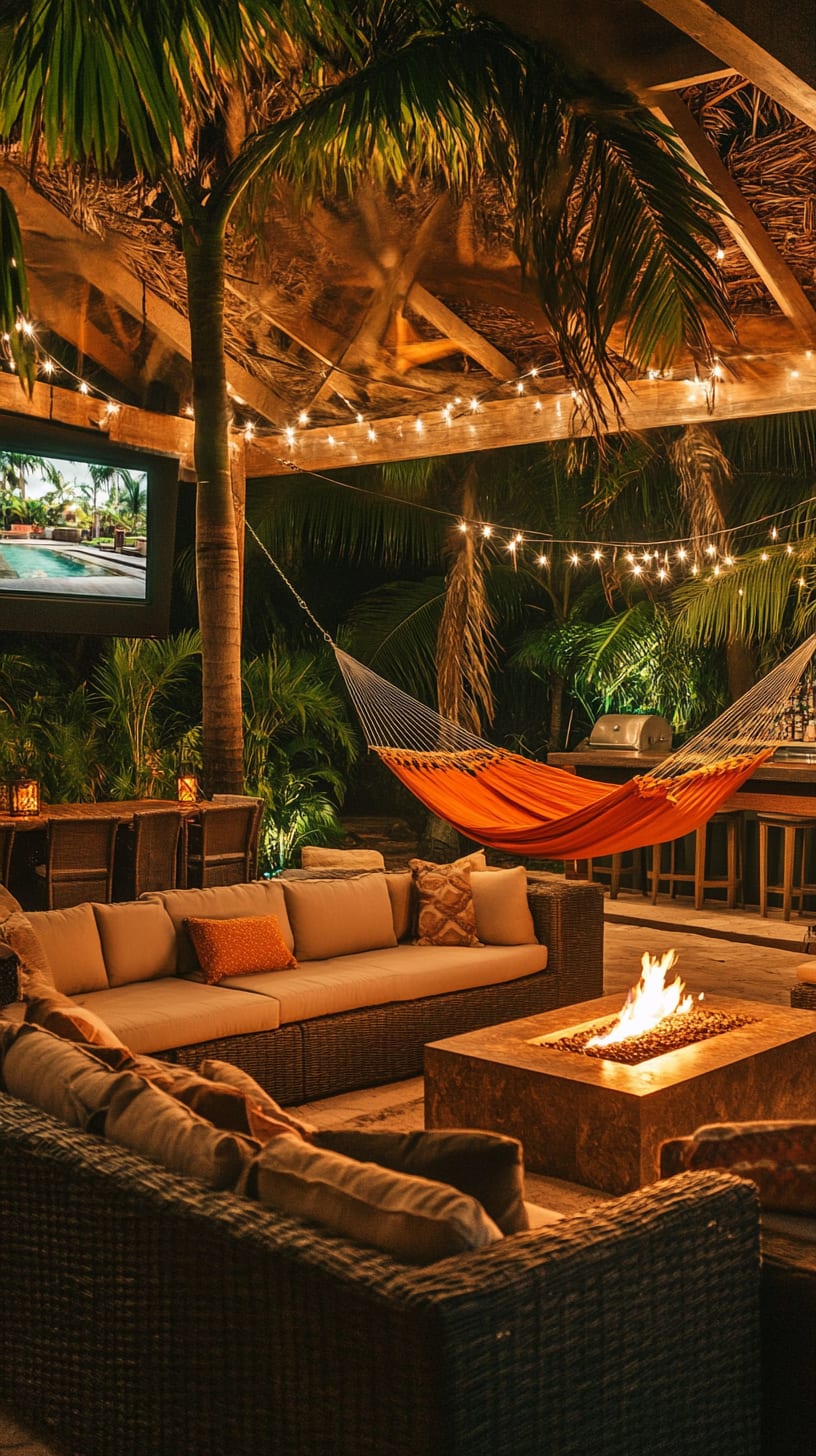 A tropical outdoor lounge area featuring comfortable seating, a fire pit, a TV screen, and a hammock strung between palm trees, illuminated by string lights at night.