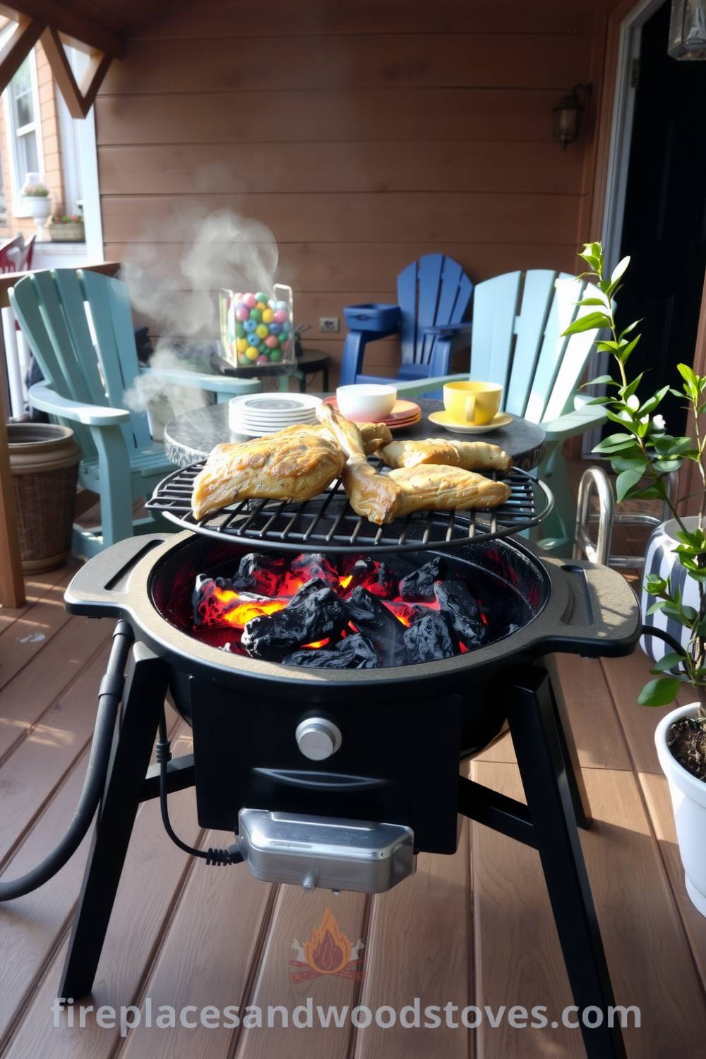 Sturdy barbecue on a wooden deck with a blackened grill plate, glowing coals, mismatched patio chairs, colorful dishes on a small table, and a potted plant swaying in the breeze, all creating a cozy outdoor scene for gatherings. Visit fireplacesandwoodstoves.com for cozy ideas and decor inspirations.