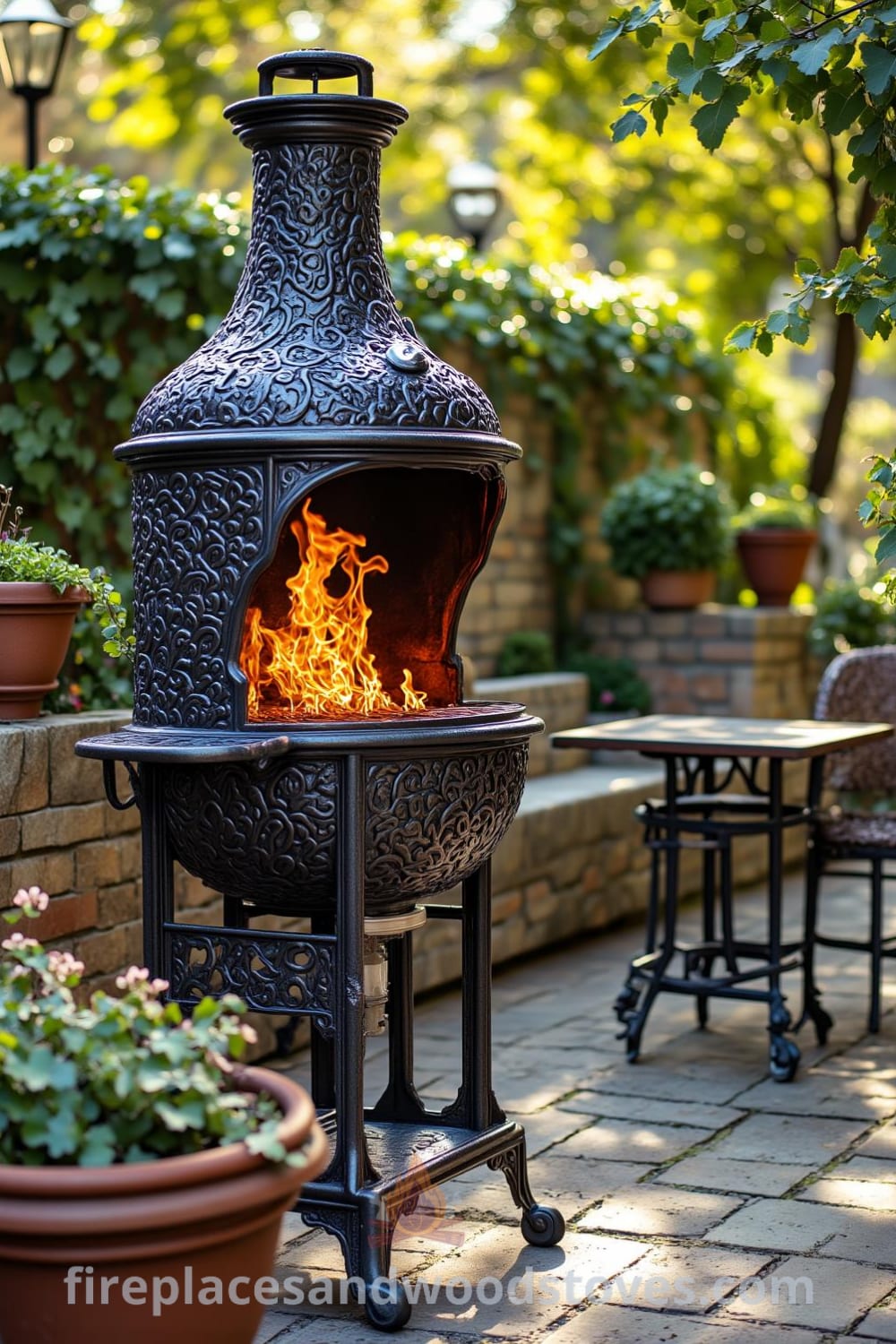 Victorian outdoor barbecue on a cobblestone patio, featuring intricate wrought iron design, gentle flames, and wooden garden furniture, creating a cozy and inviting atmosphere perfect for outdoor gatherings, featured on fireplacesandwoodstoves.com.