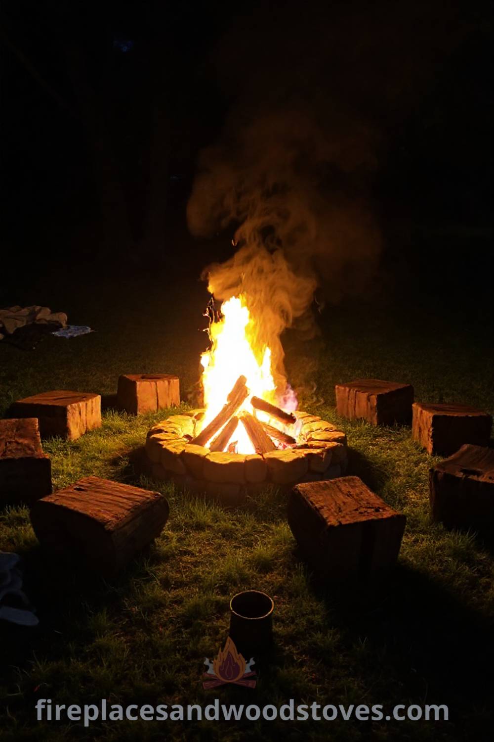 Stone fire pit nestled in a grassy clearing with log seating, surrounded by friends enjoying a cozy evening under the stars, showcasing stylish outdoor ideas for the coziest home at patioandhomefurniture.com.