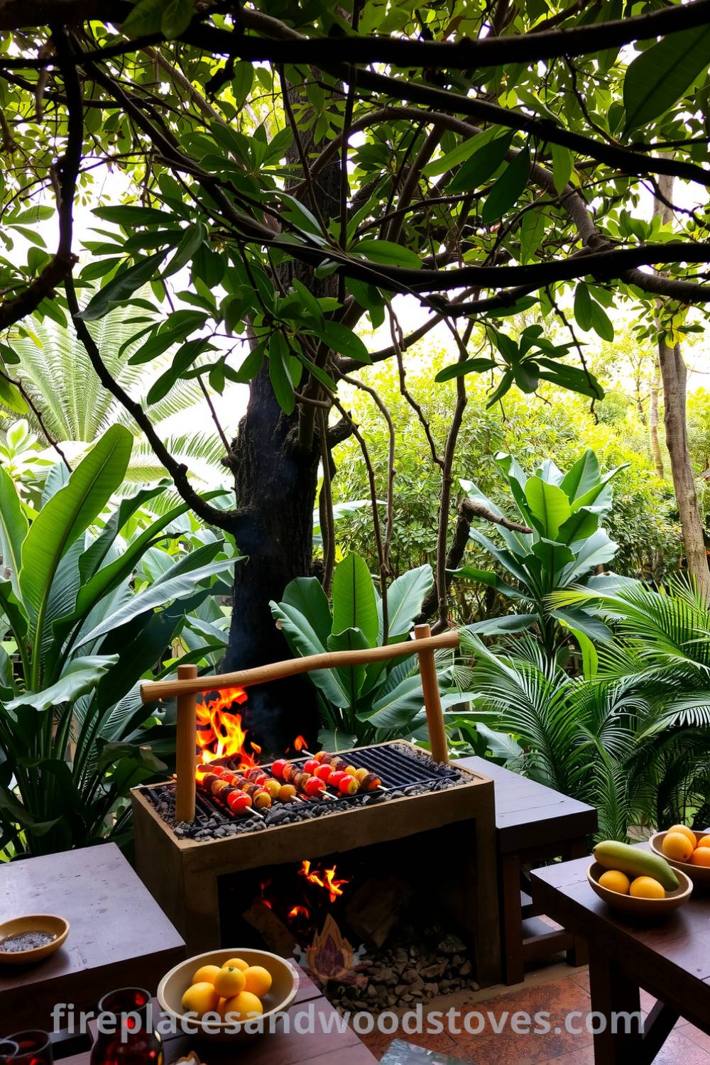 Outdoor barbecue in a tropical jungle featuring sizzling skewers and vibrant vegetables on a natural wood grill, surrounded by lush greenery and rustic wooden tables filled with tropical fruits, creating a cozy and inviting atmosphere. Visit fireplacesandwoodstoves.com for inspiring decor ideas.