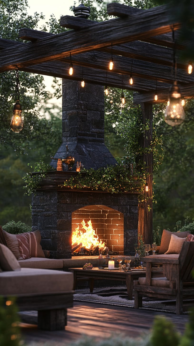 A cozy outdoor fireplace surrounded by comfortable seating, twinkling hanging lights, and lush greenery, creating a warm and inviting atmosphere for gatherings or relaxation.