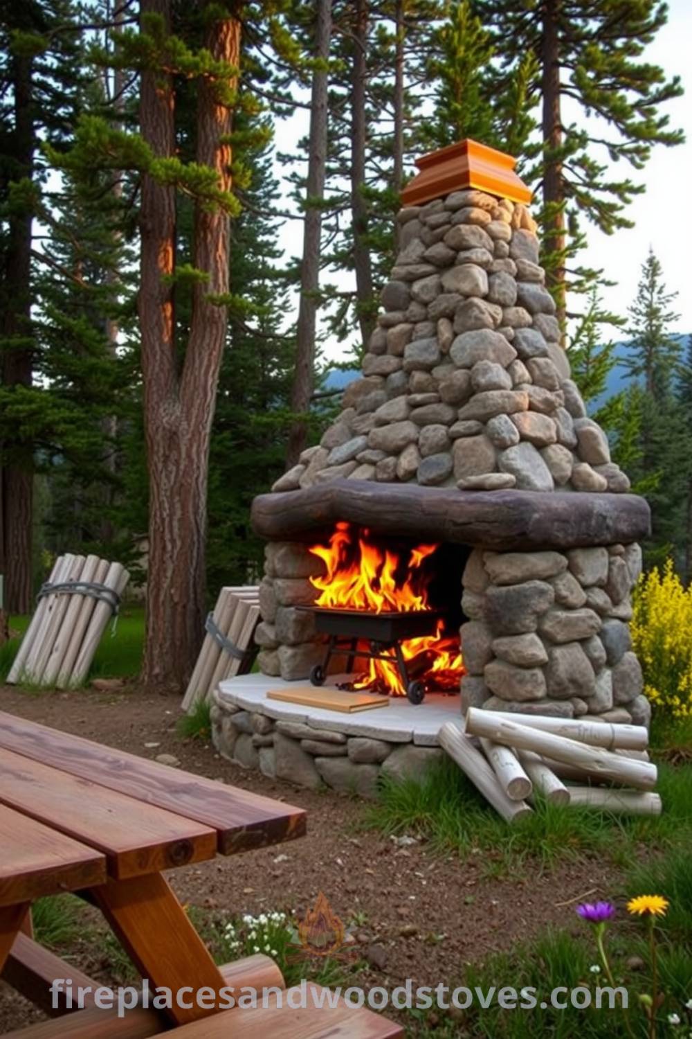 Outdoor barbecue setting at an Alpine lodge featuring a sturdy stone hearth with flames, a rustic wooden picnic table, and patches of wildflowers, creating a cozy and inviting atmosphere perfect for gatherings. For more cozy ideas, visit fireplacesandwoodstoves.com.