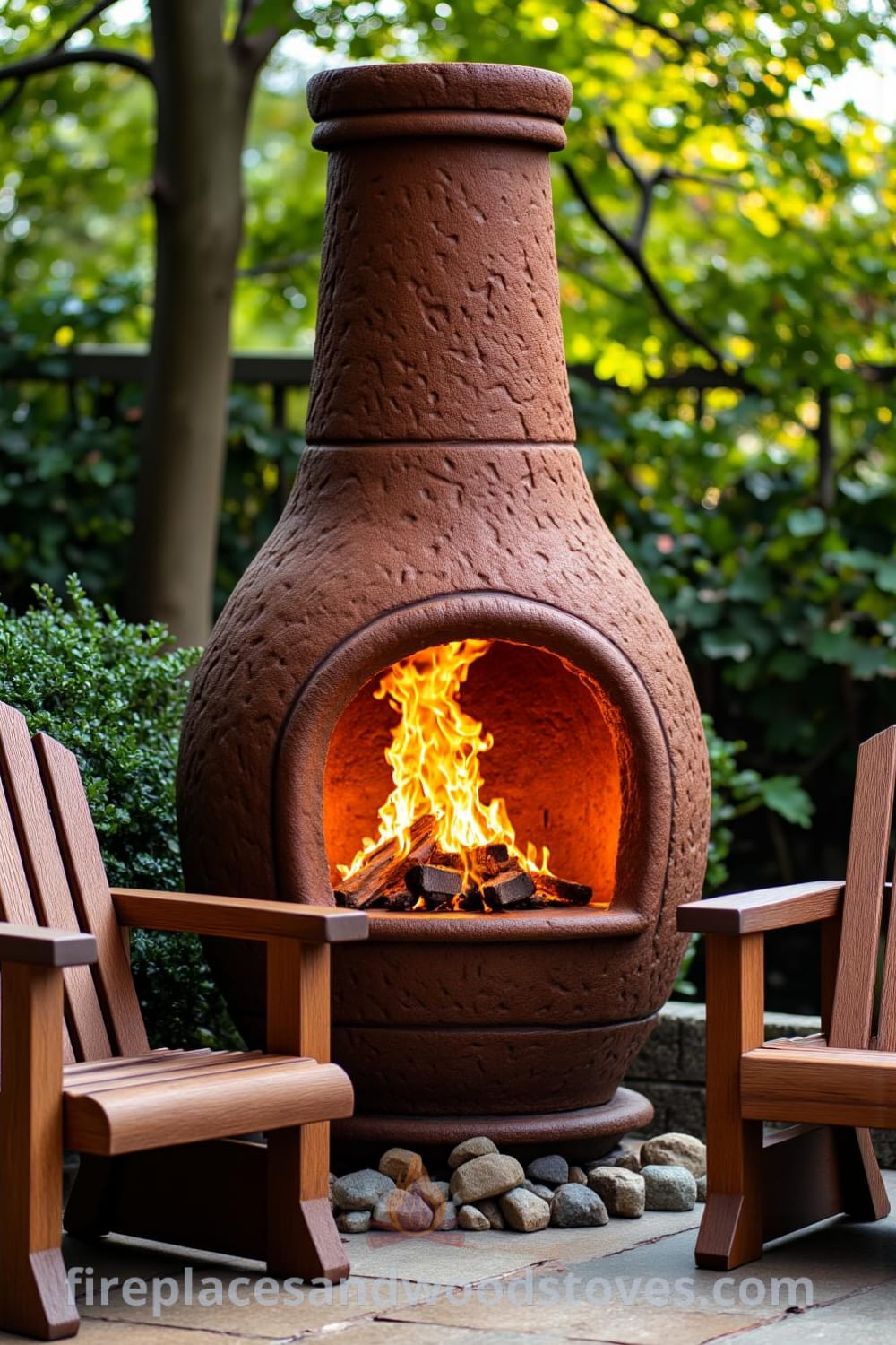 Cozy chiminea-style outdoor fireplace with warm flames, rustic clay texture, and Adirondack chairs, surrounded by pebbles in a charming patio setting, creating inspiring decor ideas for your home at fireplacesandwoodstoves.com.