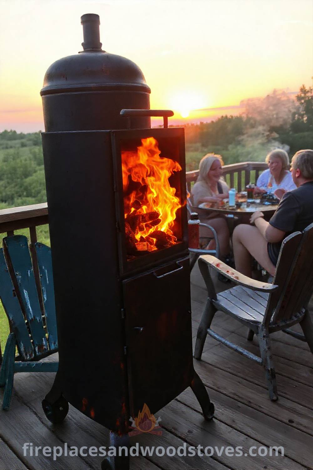 Cozy outdoor barbecue scene featuring a vertical smoker on a wooden deck, warm flames, mismatched chairs, and a sunset sky in orange and pink, ideal for creating inviting gatherings. Visit patioandhomefurniture.com for stylish outdoor design inspiration.