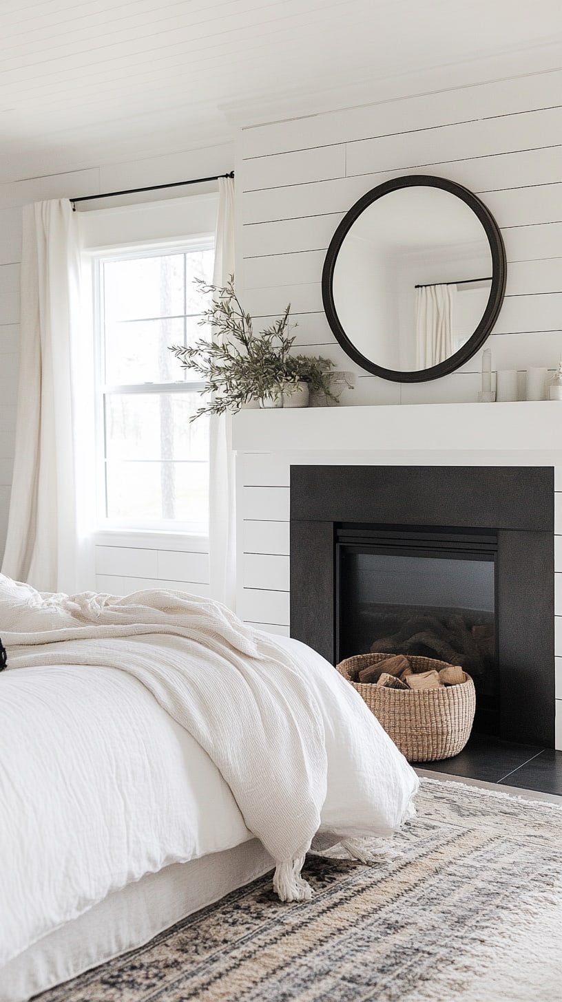 A cozy bedroom featuring white shiplap walls, a black fireplace, and a large round mirror above it, with a rug under the bed and warm natural light flowing in from the windows.