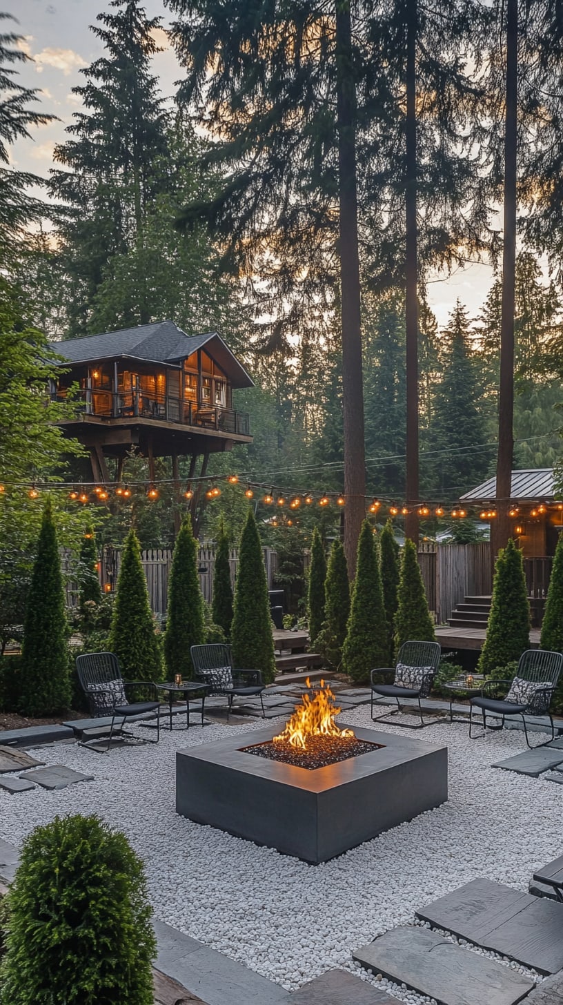 A modern outdoor fire pit with black steel seating and lights, surrounded by a pebble stone patio and a large treehouse in a forest setting.