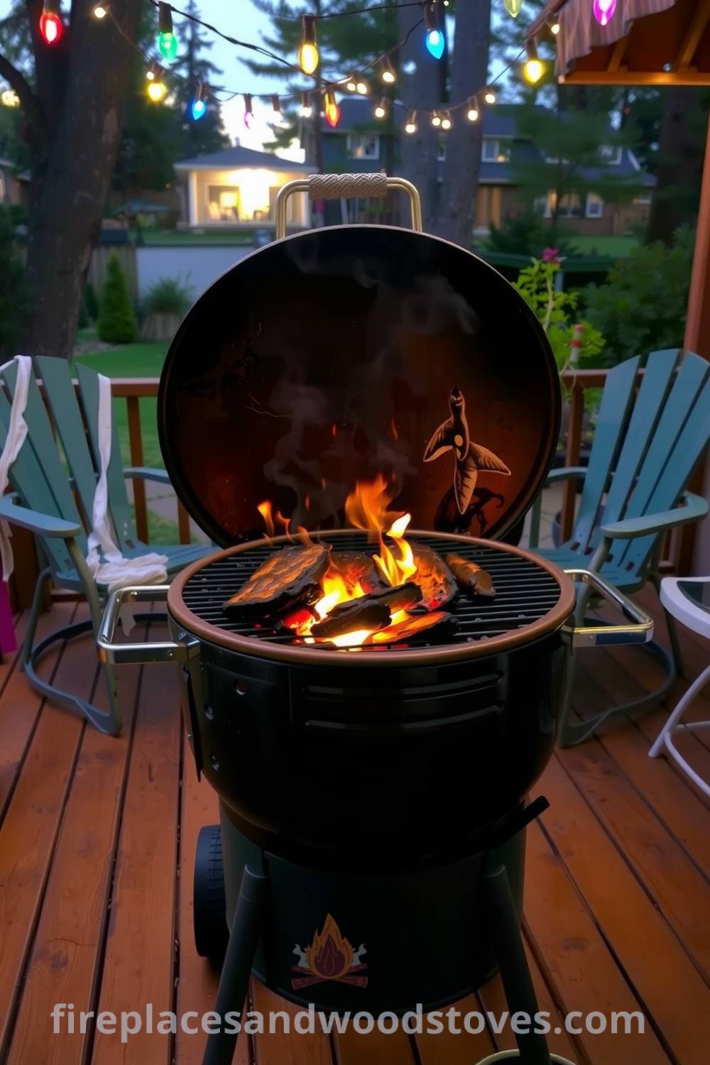 Sturdy barbecue on a wooden deck with flames flickering inside, surrounded by mismatched chairs and colorful string lights, creating a cozy and inviting atmosphere for gatherings, as seen on fireplacesandwoodstoves.com.