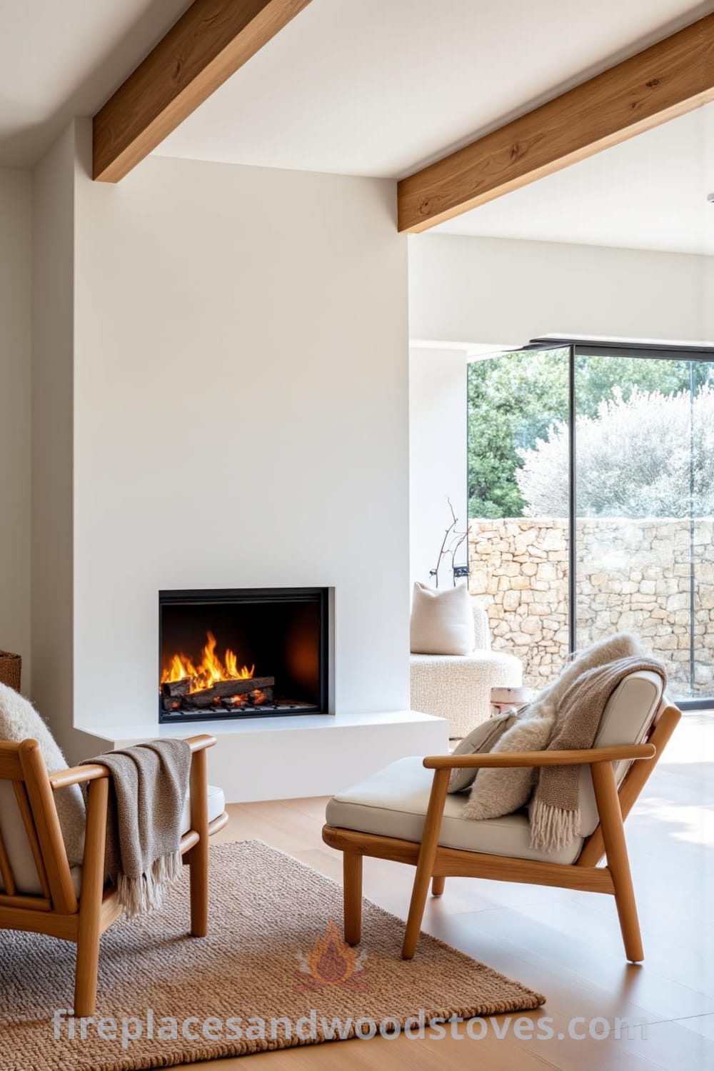 Scandinavian whitewashed fireplace with clean lines in a sunlit living room, featuring warm hues, pale wooden beams, woven rug, and inviting armchairs with soft throws, creating a cozy ambiance. Discover cozy ideas for your home at fireplacesandwoodstoves.com.