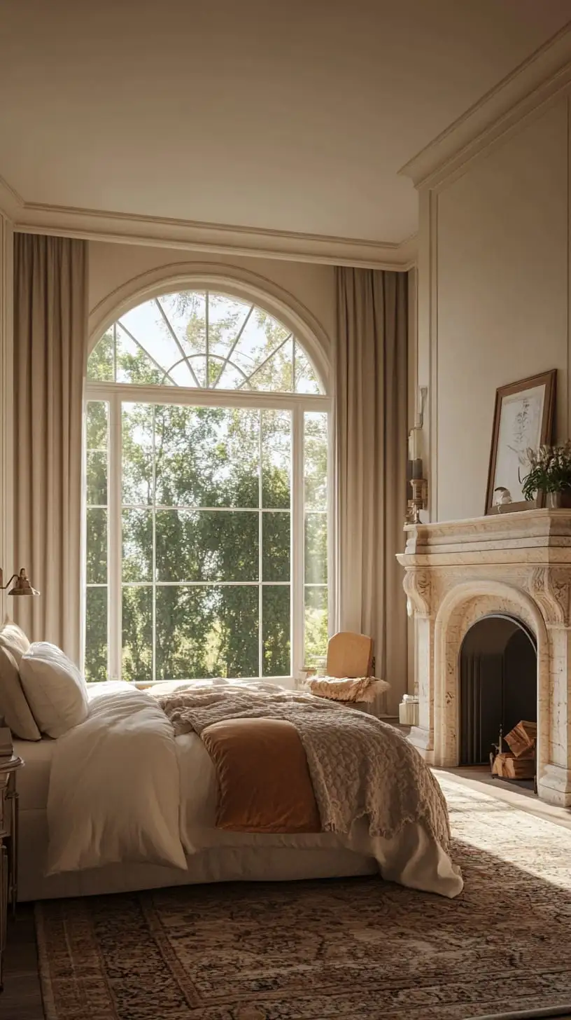A cozy bedroom featuring an arched window, fireplace, large bed, plush rug, and soft neutral tones, creating a warm and inviting atmosphere.